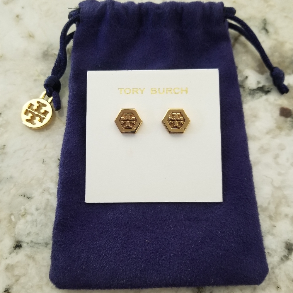 Tory Burch Hex-Logo Stud Earrings